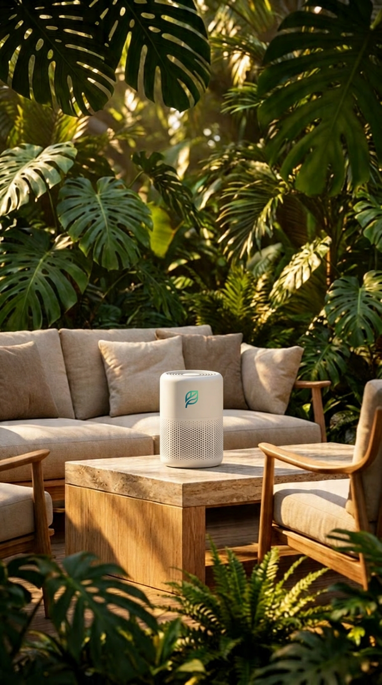 R-Flow purifier on a coffee table in a plant-filled living room